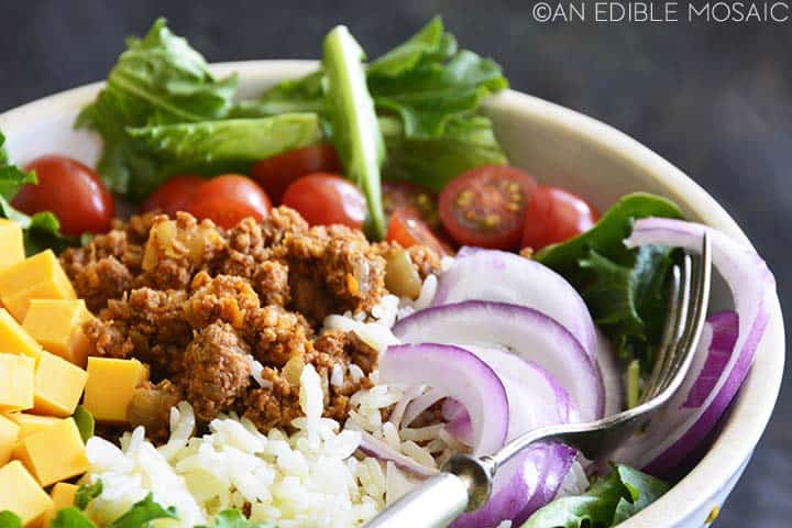 turkey taco meat with salad and rice