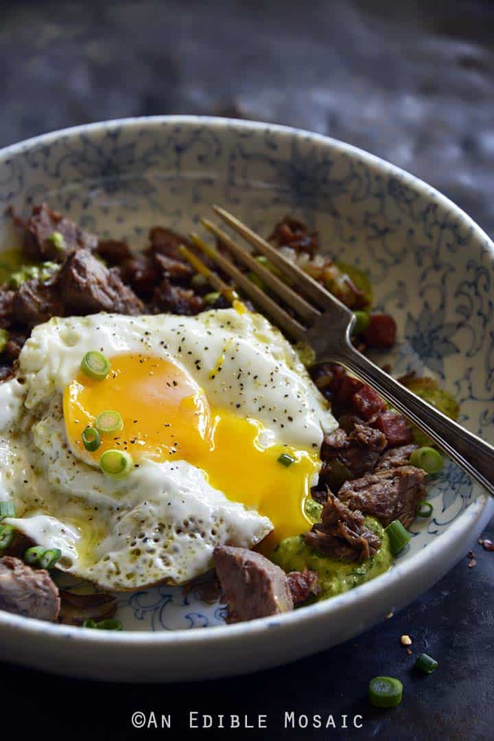 Leftover Pot Roast Hash with Chimichurri-Inspired Sauce Topped with a Fried Egg