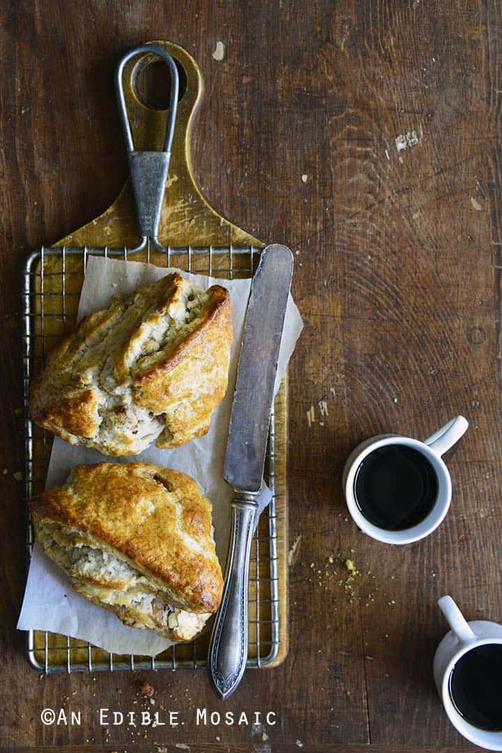 Small Batch Maple-Walnut Scones for Two on Bread Board on Wooden Table