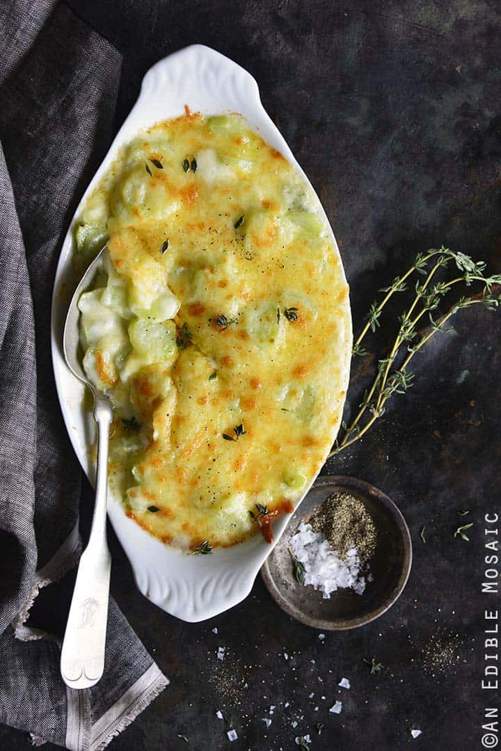 Low-Carb Broccoli Stem Gratin Overhead View