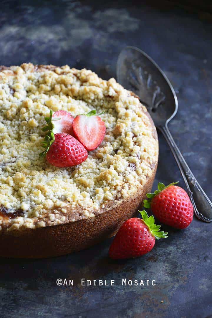 Strawberry Streusel Sour Cream Coffee Cake Front View with Fresh Strawberries