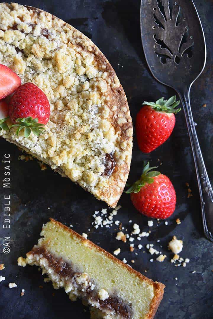 Close Up Overhead View of Strawberry Streusel Sour Cream Coffee Cake