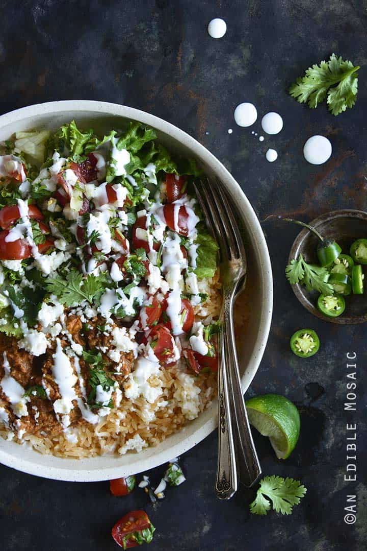 Chorizo Refried Bean Burrito Salad Bowls with Queso Fresco Overhead View