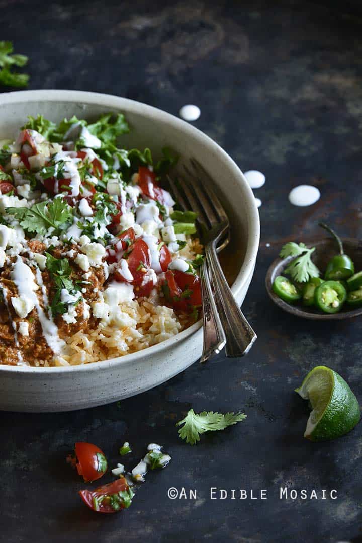 Front View of Chorizo Refried Bean Burrito Salad Bowls with Queso Fresco