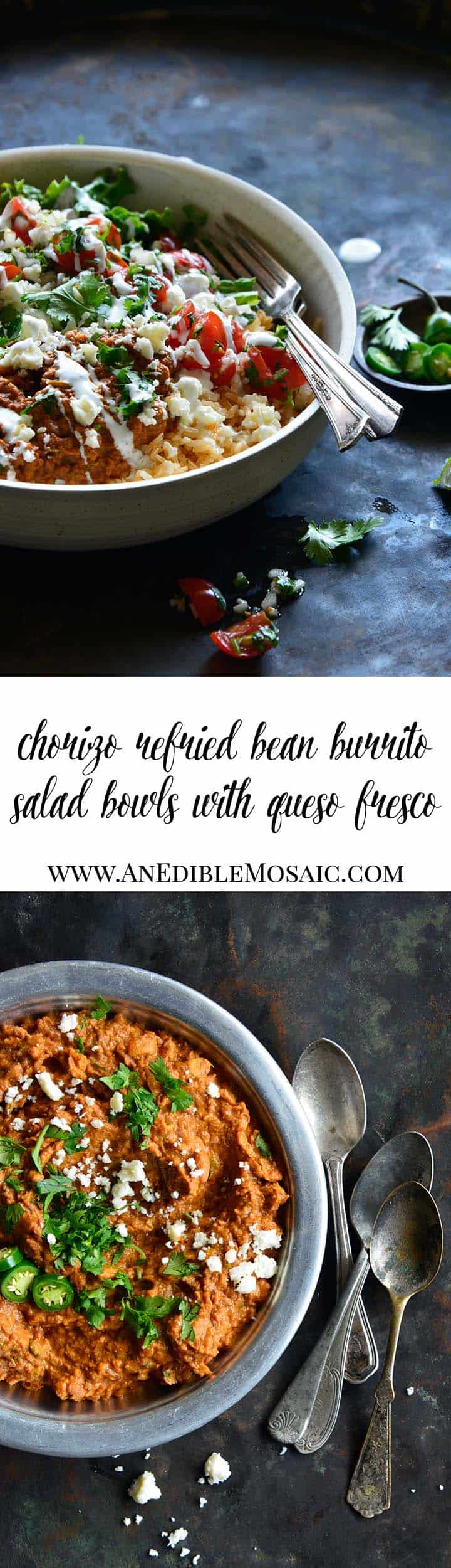 Chorizo Refried Bean Burrito Salad Bowls with Queso Fresco Long Pin