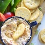 Top View of Pimento Cheese Dip with Crackers and Veggies for Dipping