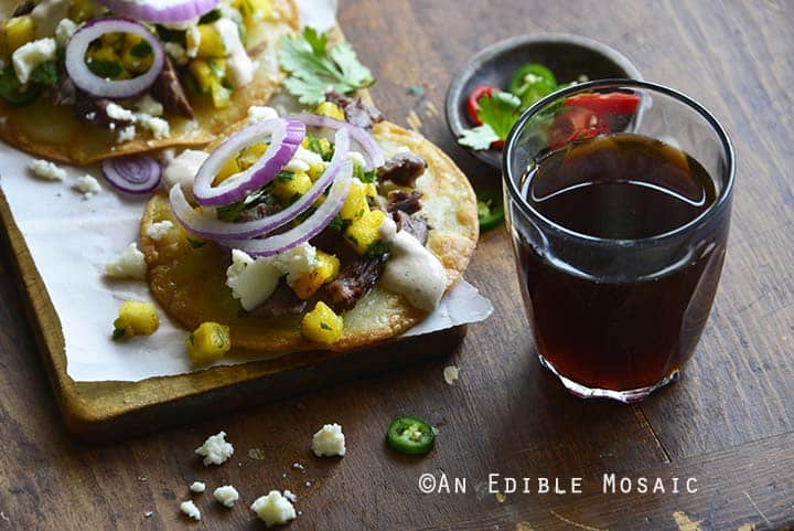 Short Rib Tostadas with Pineapple Salsa and Cotija with Dark Beer