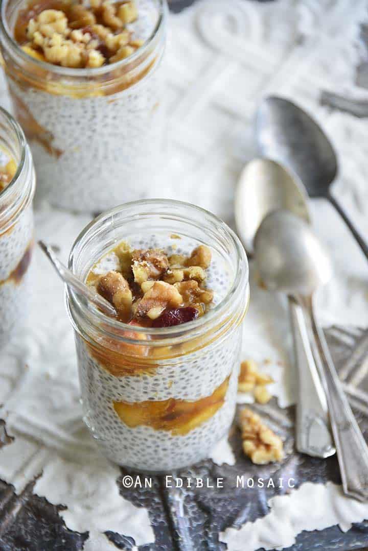 Front View of Almond Vanilla Chia Pudding with Peach Pie Topping (Low Carb Peach Dessert)