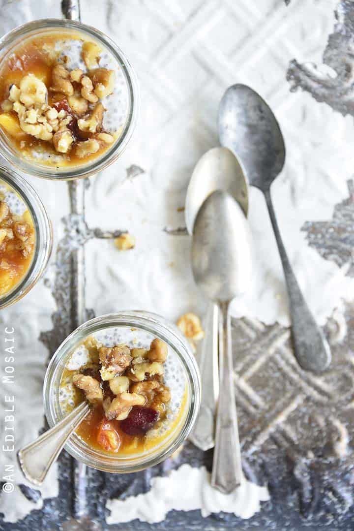 Overhead View of Almond Vanilla Chia Pudding with Peach Pie Topping (Low Carb Peach Dessert)