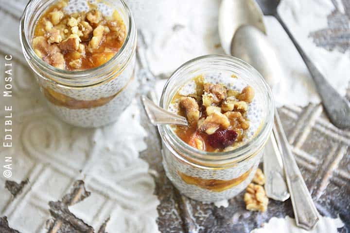 Close Up of Almond Vanilla Chia Pudding with Peach Pie Topping (Low Carb Peach Dessert)