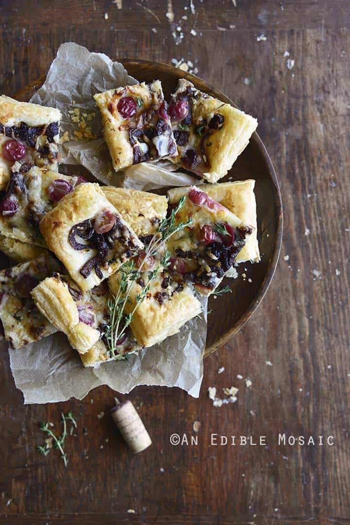 Easy Manchego, Grape, and Thyme Flatbread with Red Wine Caramelized Onions Ready for Serving