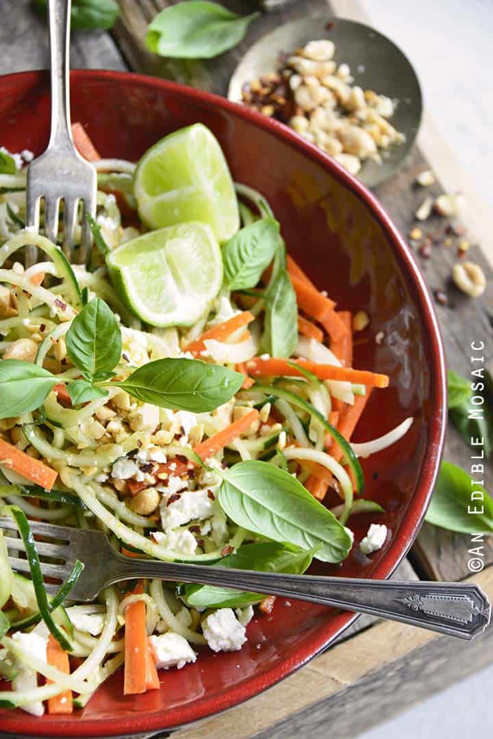 Low Carb Spiralized Cucumber Salad with Peanuts, Basil, and Ginger Miso Dressing Front View