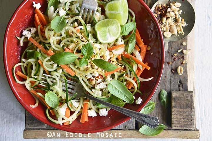 Low Carb Spiralized Cucumber Salad with Peanuts, Basil, and Ginger Miso Dressing Close Up