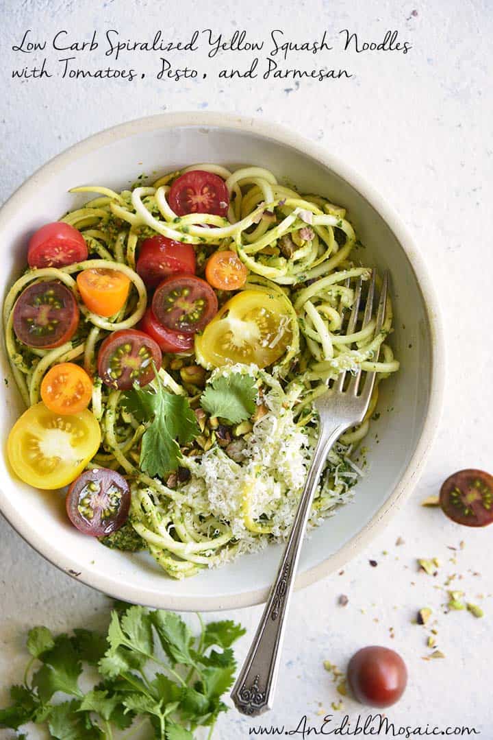 Low Carb Spiralized Yellow Squash Noodles with Tomatoes, Pesto, and Parmesan with Description