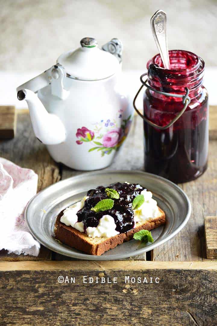 Small Batch Easy Blueberry Jam with Ginger and Lemon on Wooden Crate