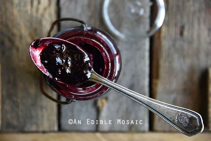 Small Batch Easy Blueberry Jam with Ginger and Lemon Overhead View on Wooden Table