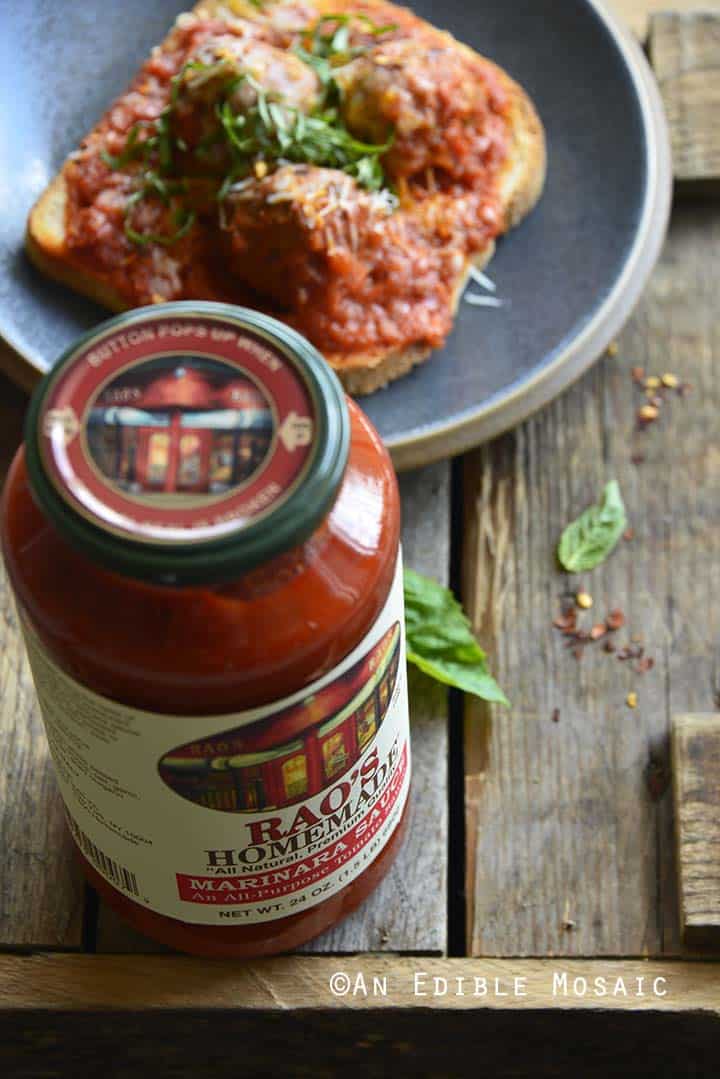 Jar of RAO's Homemade Marinara with Easy Meatball Bomber Recipe