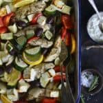 Spread of Low Carb One Pan Greek Baked Chicken Dinner with Tzatziki Sauce
