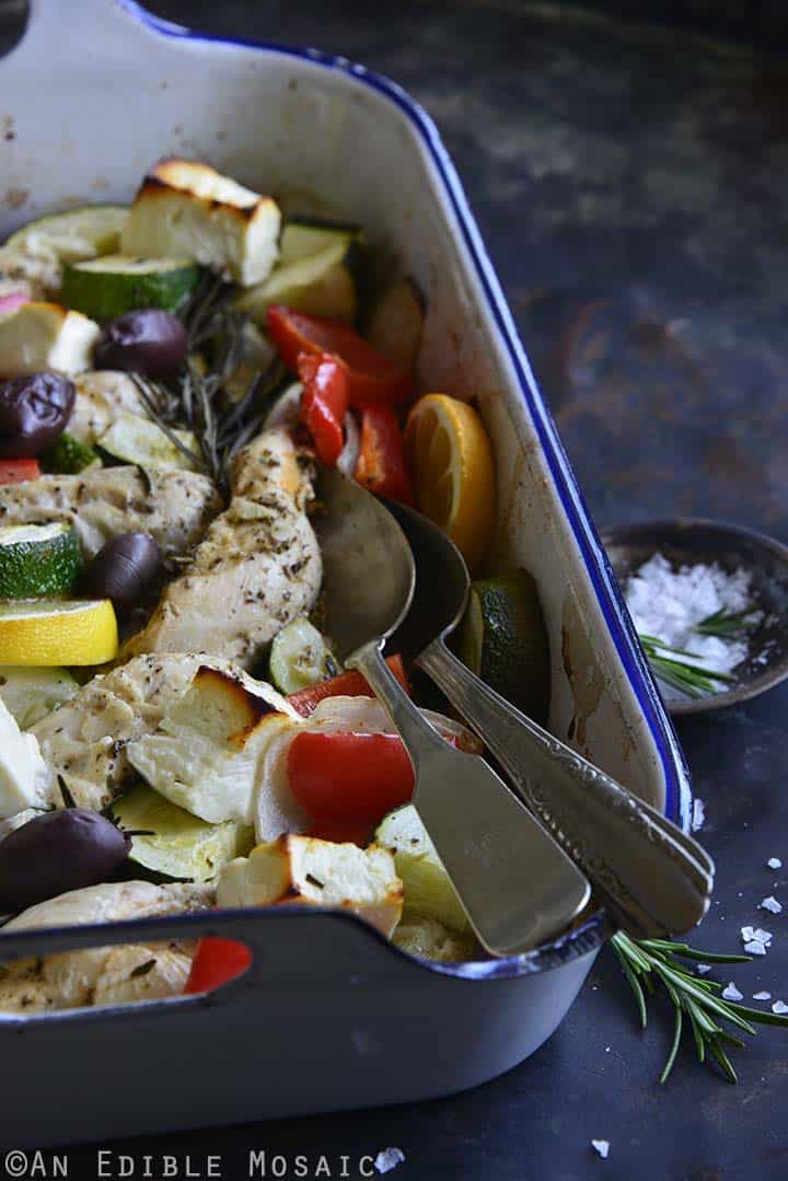 Low Carb One Pan Greek Baked Chicken Dinner with Tzatziki Sauce Front View