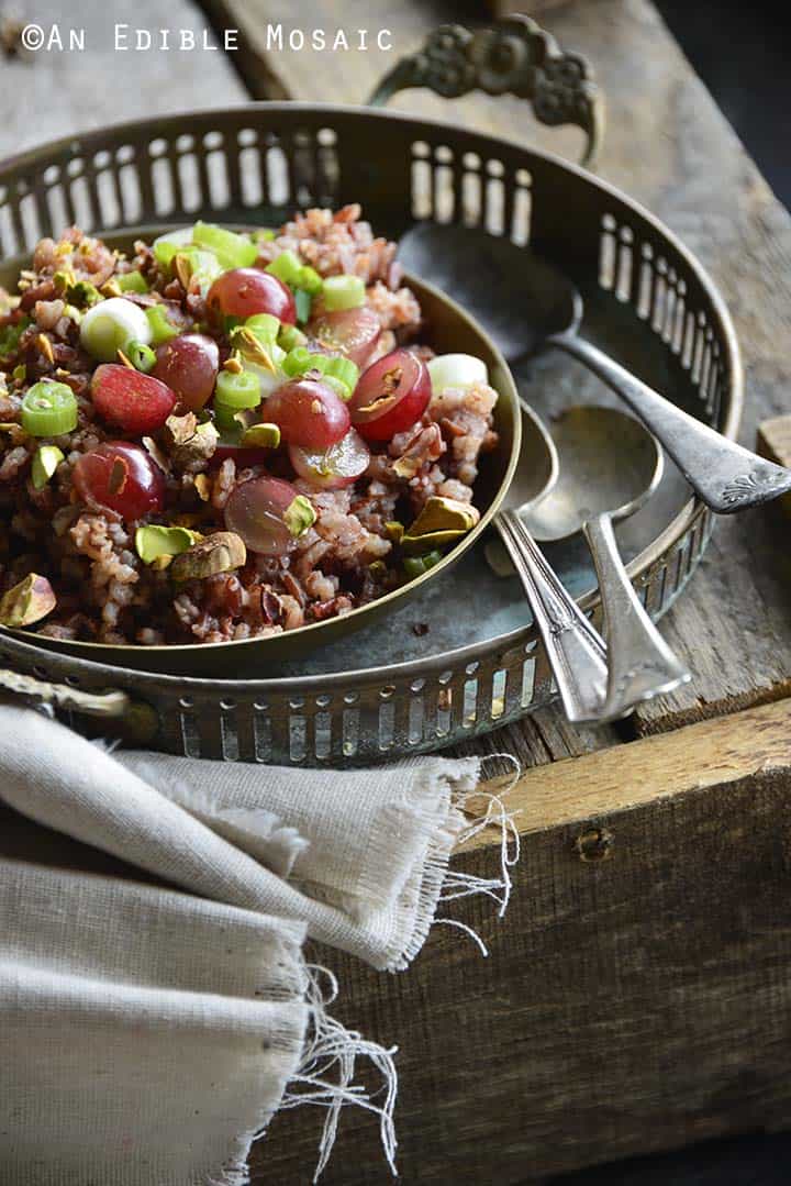 Red Rice Recipe with Grapes and Pistachios with Vintage Tray