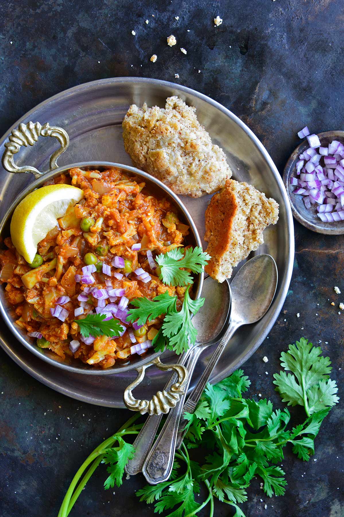 cauliflower Pav Bhaji recipe served with low carb rolls