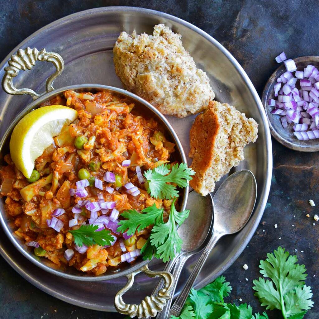 low carb Indian cauliflower Pav Bhaji recipe featured image