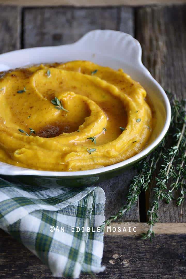 Butternut Squash Puree with Fontina Cheese, Fresh Thyme, and Brown Butter Close Up