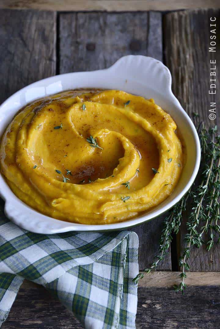 Butternut Squash Puree with Fontina Cheese, Fresh Thyme, and Brown Butter Front View