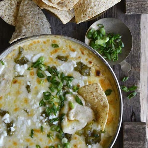 Overhead View of Easy Low Carb Chile Relleno Dip (15 Minute Dip Recipe) on Wooden Table