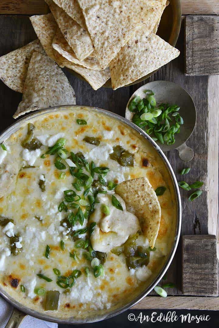 Overhead View of Easy Low Carb Chile Relleno Dip (15 Minute Dip Recipe) on Wooden Table