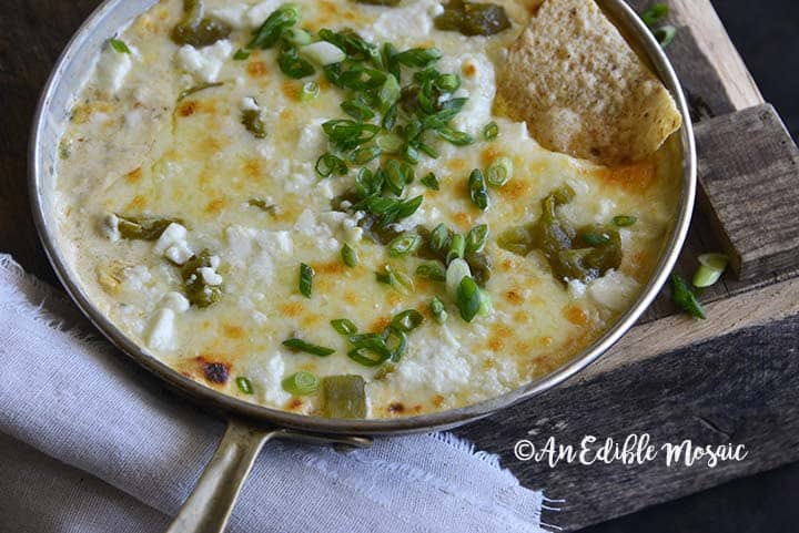 Close Up of Easy Low Carb Chile Relleno Dip (15 Minute Dip Recipe) in Skillet on Wooden Table