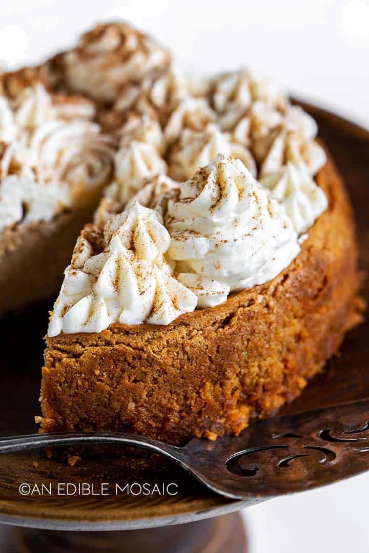 close up of cream cheese frosting swirls on top of pumpkin cheesecake