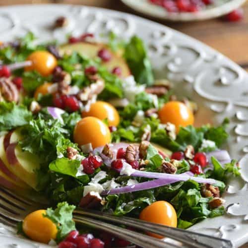 Close Up Front View of Festive Christmas Salad Recipe on Wooden Table