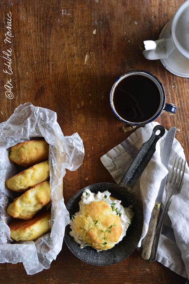 Low Carb Biscuits and Sausage Gravy with Coffee on Wooden Table