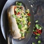 Overhead View of Banh Mi Sandwich with Instant Pot Short Ribs and Quick Pickled Slaw on Silver Plate
