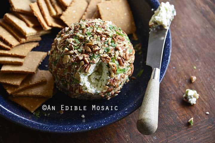 Easy Ranch Cheese Ball Recipe on Blue Plate on Wooden Table