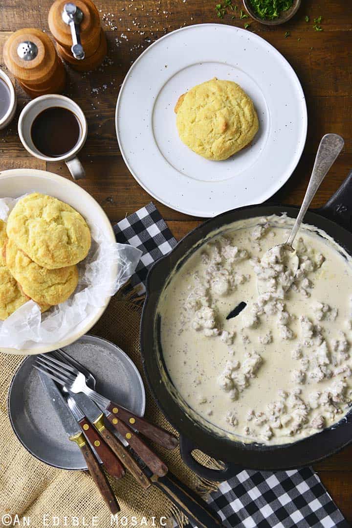 Keto Biscuits and Gravy Spread on Wooden Table