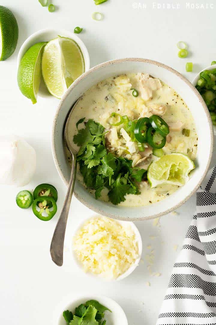 White Chicken Chili with Various Toppings