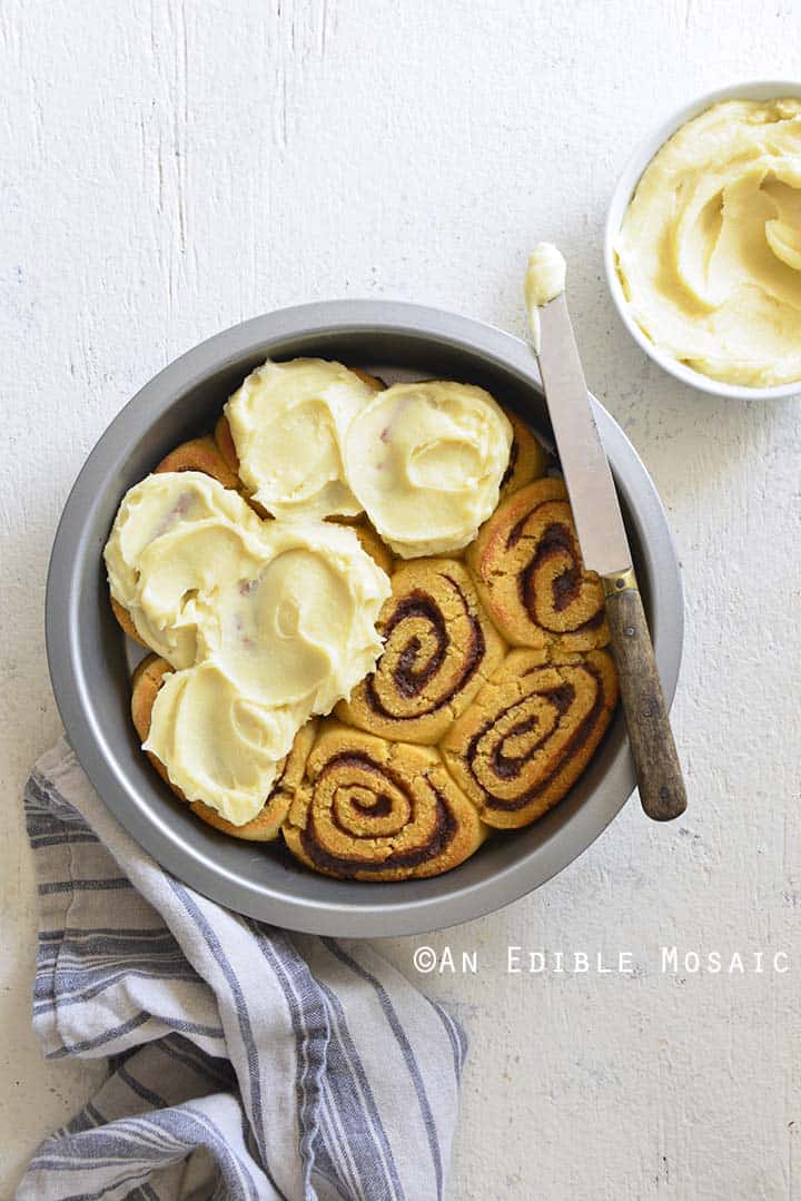 Top View of Best Low Carb Cinnamon Rolls Recipe in Pan on White Table