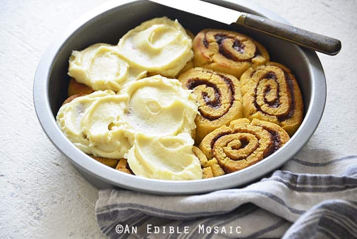 Close Up of Best Low Carb Cinnamon Rolls Recipe in Pan