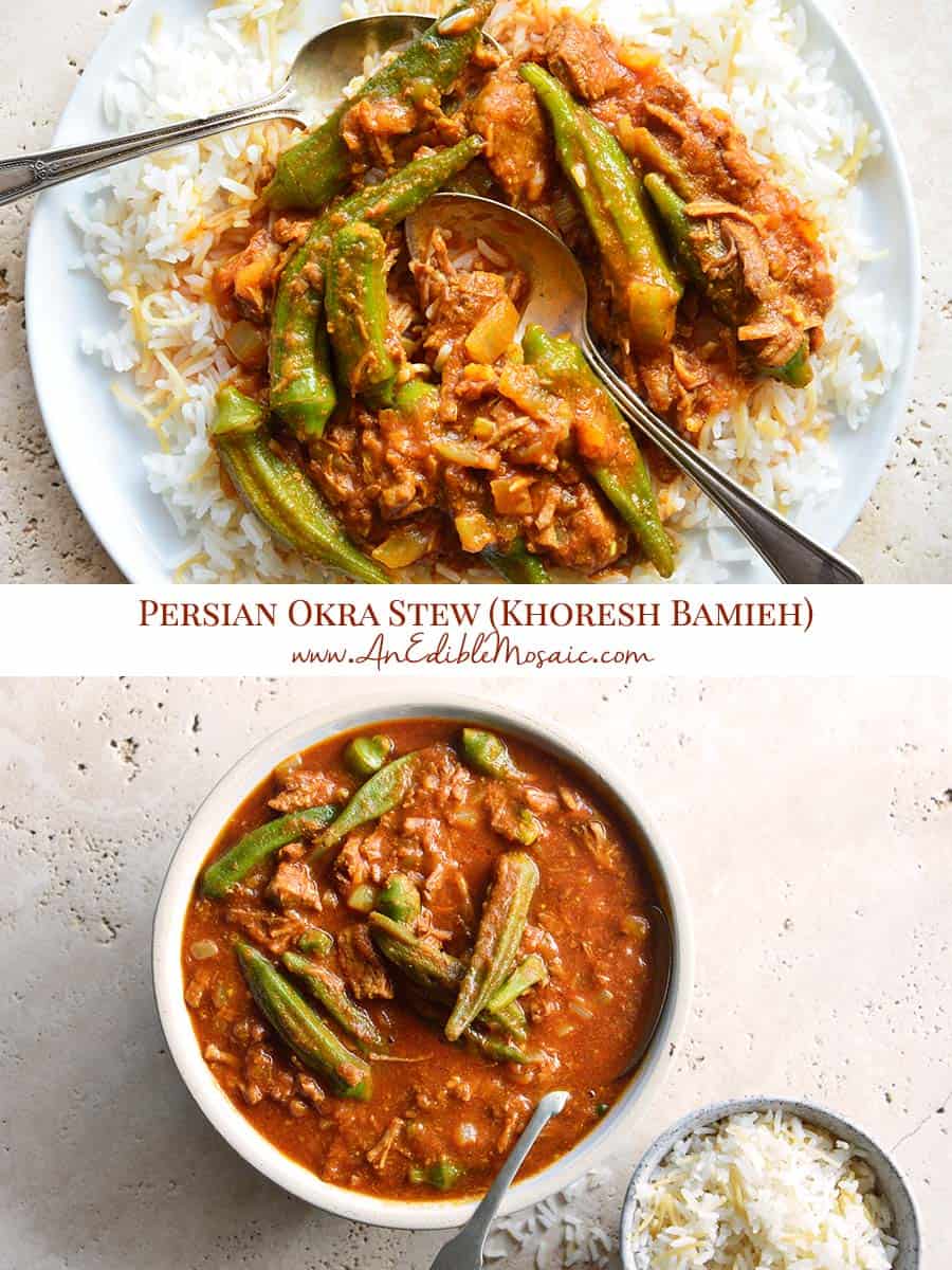 Persian Okra Stew (Khoresh Bamieh) Pinnable Image