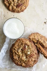 Overhead View of Chewy Cinnamon Pecan Brown Butter Oatmeal Cookies with Glass of Milk