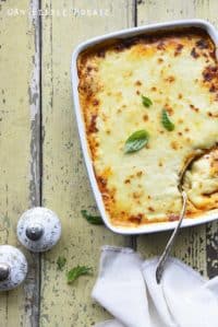 Low Carb Noodle Free Lasagna Recipe in Dish on Yellow Wooden Table