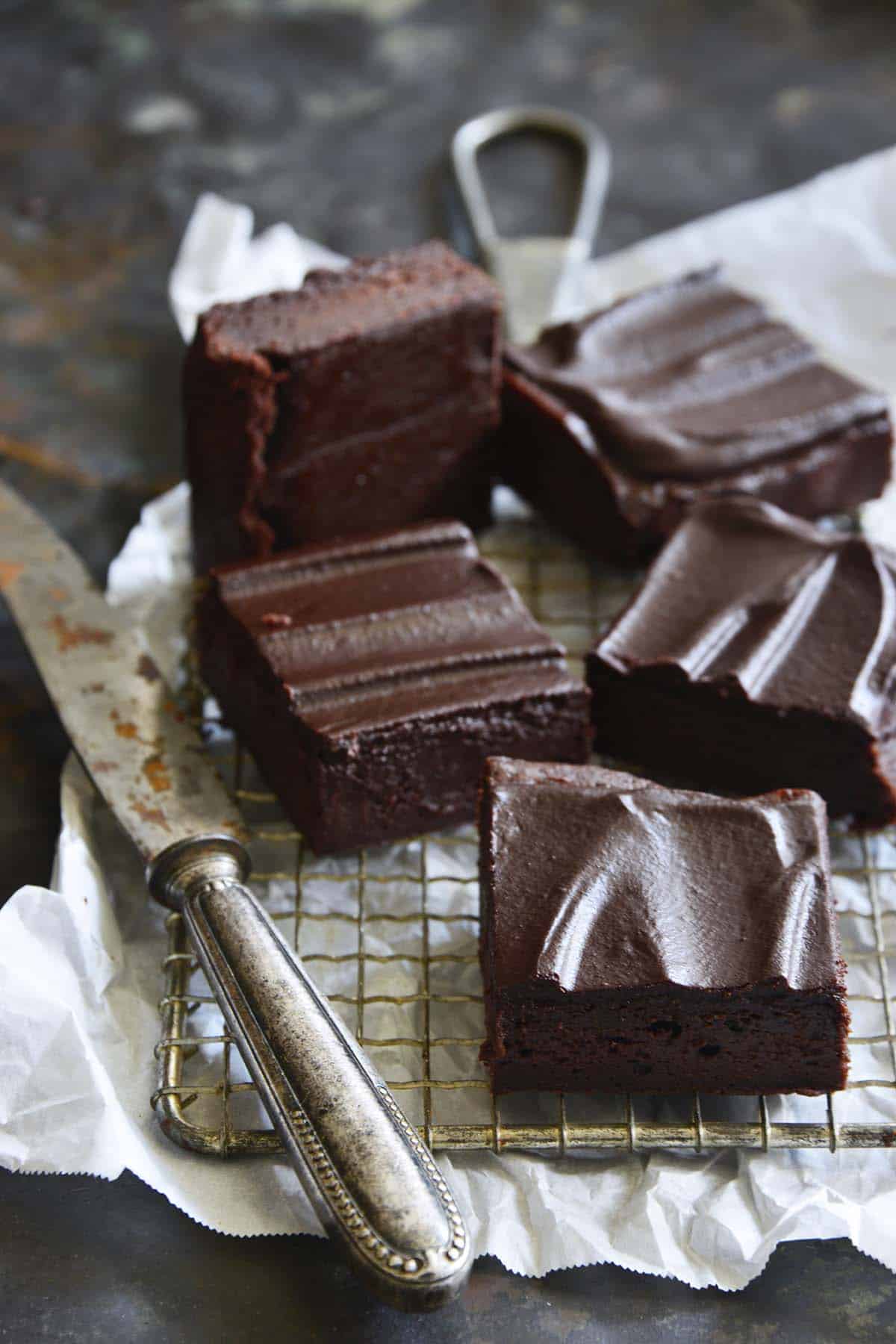 chocolate guinness stout brownies showing fudgy texture