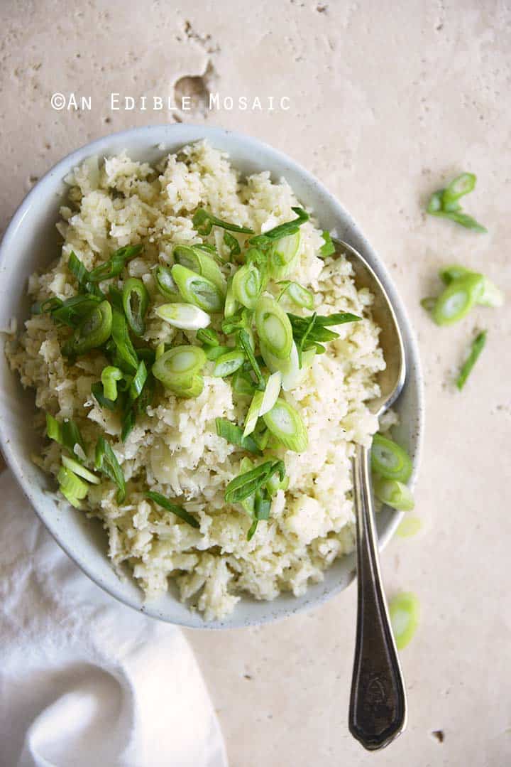 Top View of Cauliflower Rice in White Bowl