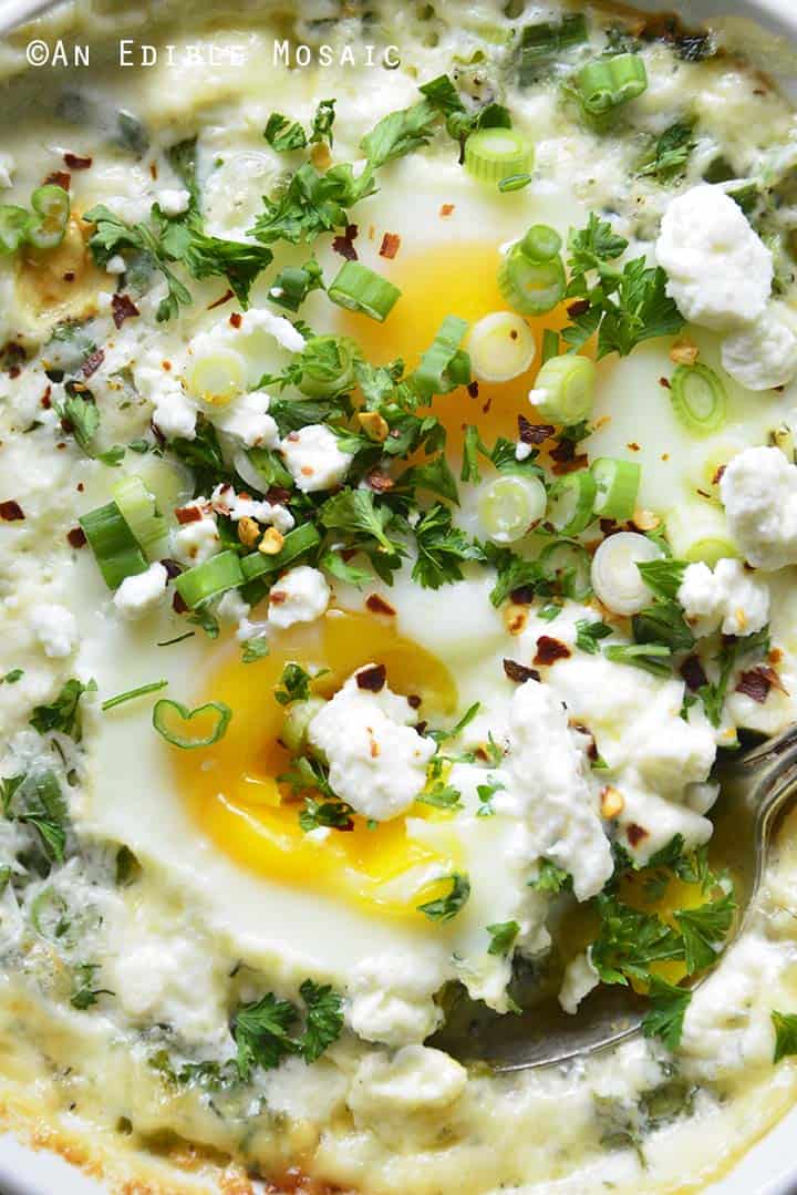 Close Up of Herbed Eggs Baked in Cream with Feta