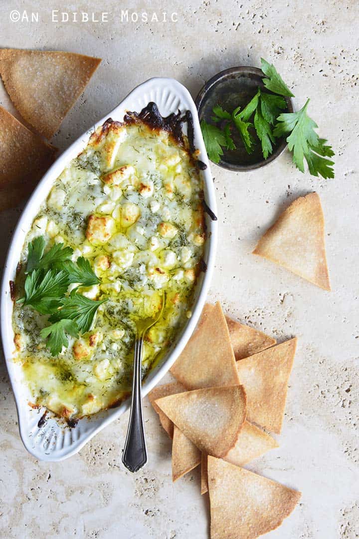 Keto Spanakopita Dip with Homemade Low Carb Tortilla Chips Overhead View