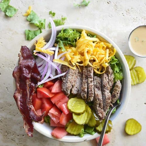 Overhead View of Cheeseburger Salad in a White Bowl