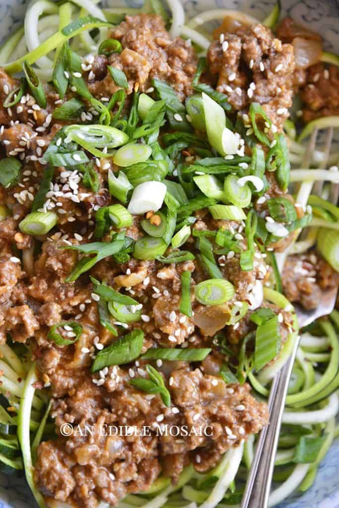 Close Up Overhead View of Dan Dan Noodles