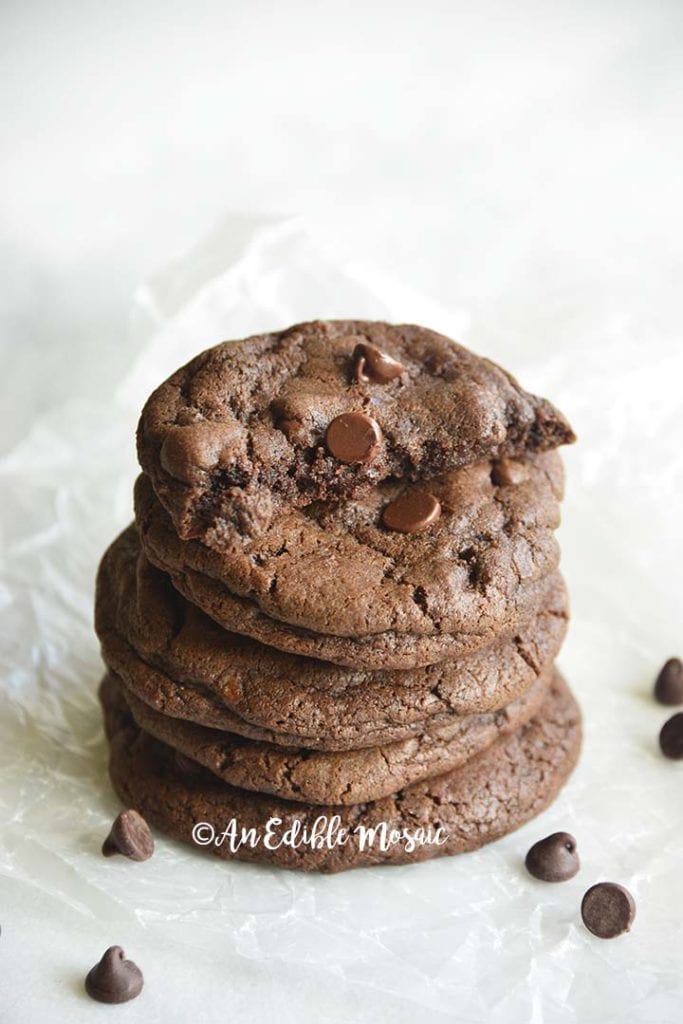 Stack of Double Chocolate Chip Cookies on White Wax Paper